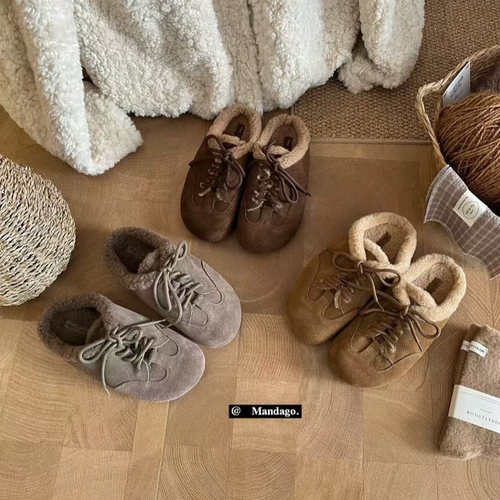 THEMANDAGO芒大果 保暖复古系带德训鞋包头半拖鞋女加绒毛毛拖鞋