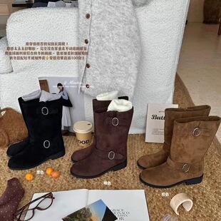 THEMANDAGO芒大果韩版真皮圆头双扣带粗跟马丁靴复古西部牛仔短靴