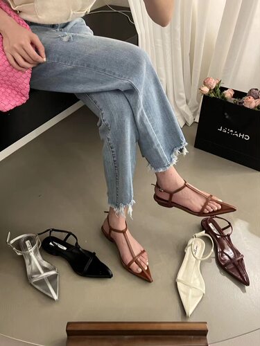 鞋女ins潮仙女露趾尖头低跟凉鞋
