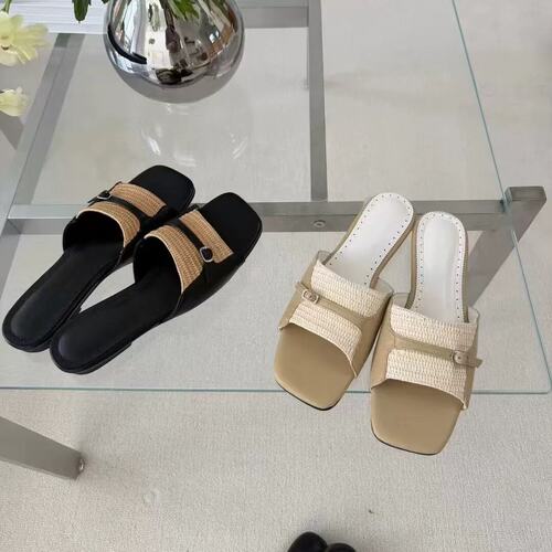 Lamode 韩版小众编织皮带扣一字拖鞋女夏法式气质方头露趾凉拖鞋