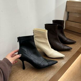 冬的开场白!气质温柔杏尖头高跟短靴女细跟瘦瘦靴子