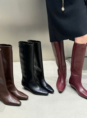 「CHIC2024NEW 」韩国欧洲站靴子女秋冬新款黑色复古大筒围长靴