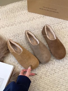 Jinxingqi 复古磨砂真皮加绒勃肯鞋女森系丑萌圆头一脚蹬毛毛鞋