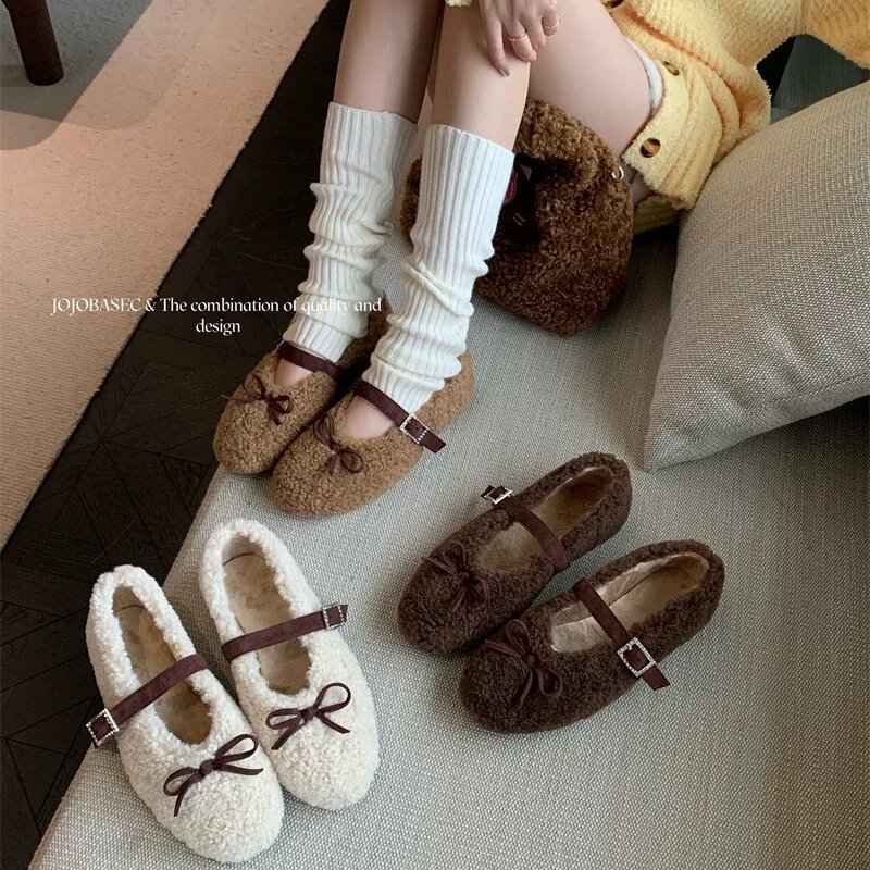 JOJOBASEC毛毛玛丽珍鞋女2025新款冬蝴蝶结水钻一字扣带单鞋