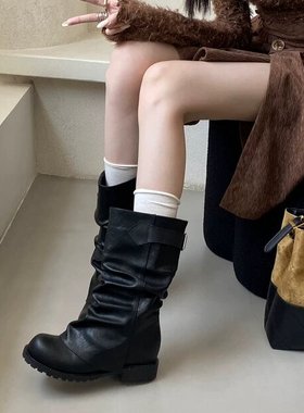 AII GUIFEI韩系圆头褶皱瘦瘦靴女2025秋季新款气质百搭短筒博肯靴