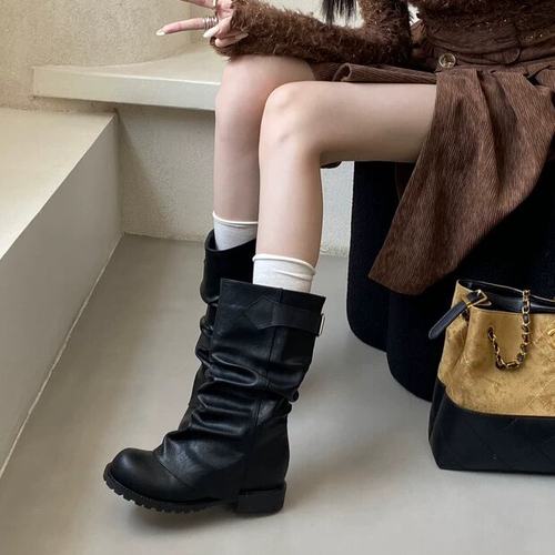 AII GUIFEI韩系圆头褶皱瘦瘦靴女2025秋季新款气质百搭短筒博肯靴