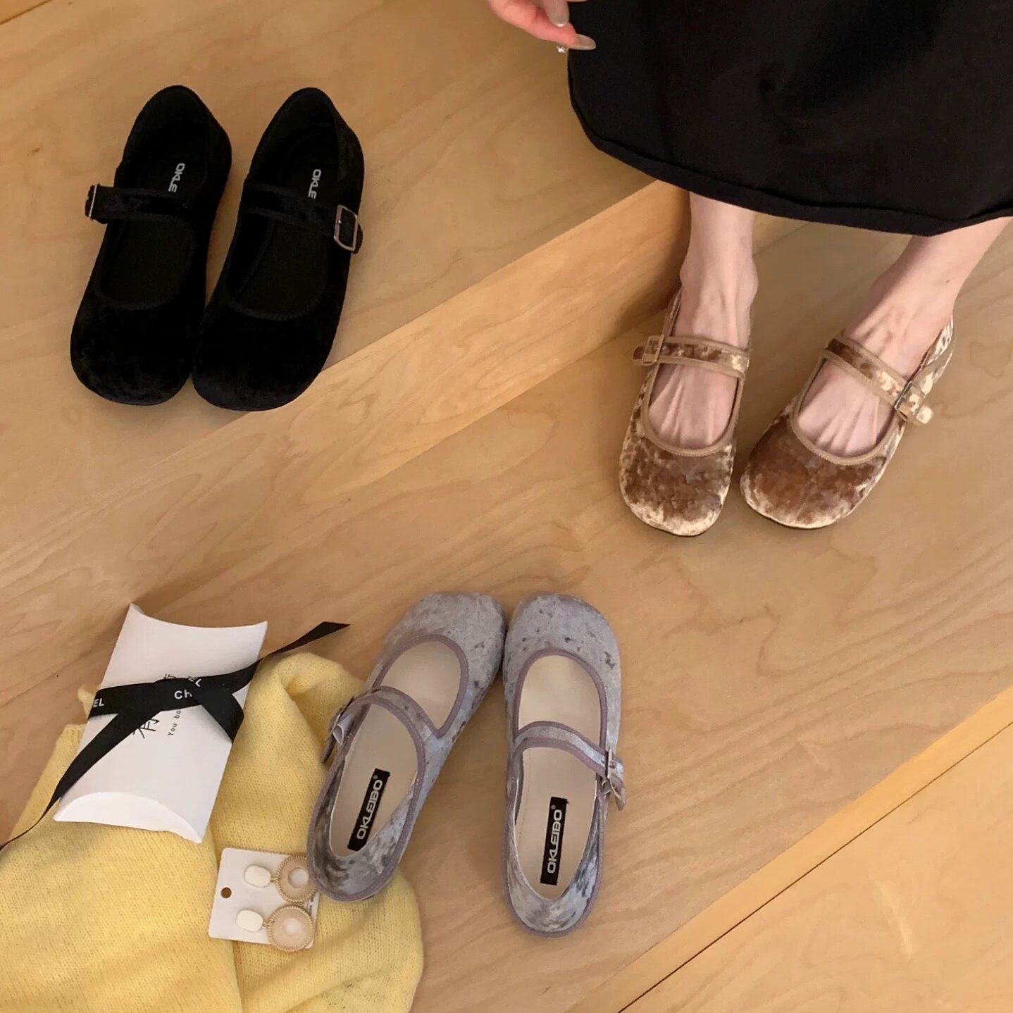okleibo 2026年新款韩版玛丽珍鞋女平底一字带高级感绒面浅口单鞋,女鞋,浅口单鞋,淘宝优惠券,粉丝福利购,淘宝优惠卷