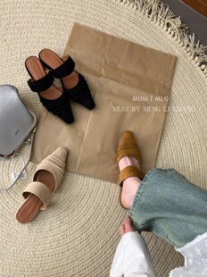 CHIC FUN 24/S春季新品 :韩国复古法式褶皱极简风懒惰百搭凉拖