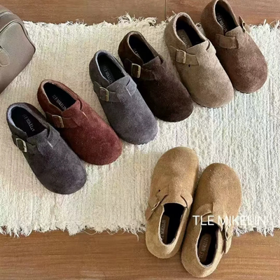 TLEMIKELIN韩版真皮圆头皮带扣软底一脚蹬勃肯鞋加绒保暖豆豆鞋女