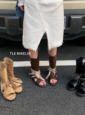 TLE MIKELIN 2026韩版小众交叉绑带露趾凉靴女夏季外穿黑色罗马靴