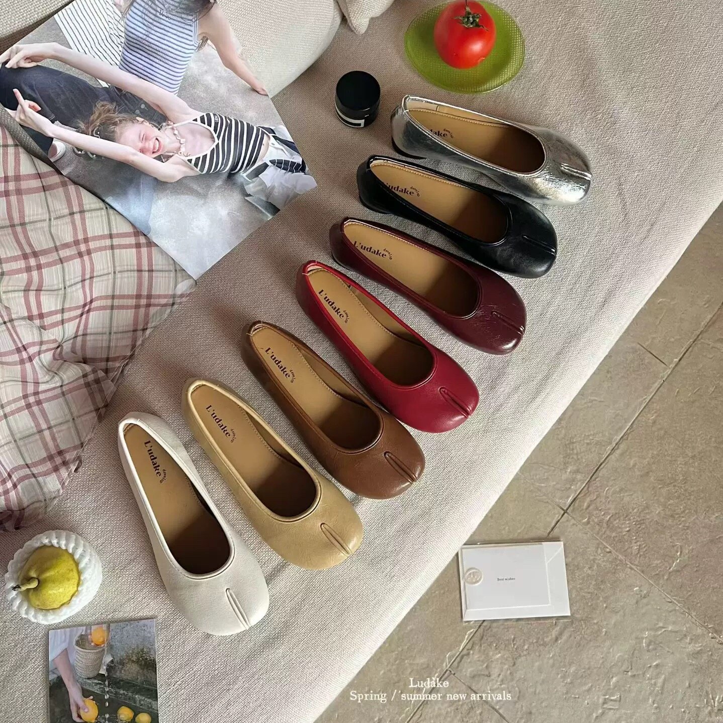 LUDAKE鹿大可韩版百搭分趾猪蹄鞋女平底浅口单鞋红色豆豆鞋奶奶鞋图片