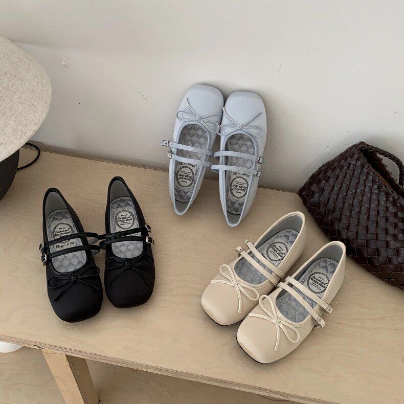 JIAMEIRUI甜美风缎面圆头蝴蝶结浅口平底单鞋软底双扣带芭蕾舞鞋