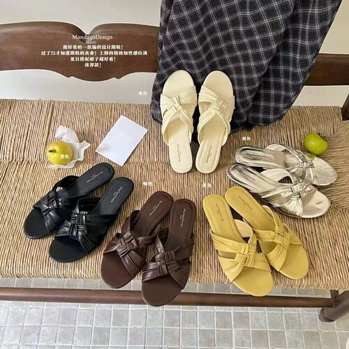 MANDAGO芒大果 法式复古编织一字拖女外穿夏季优雅低跟气质凉拖鞋