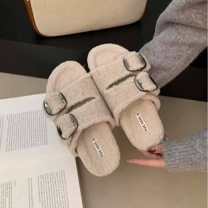 NIUMILA韩系高级感羊羔毛皮带扣厚底毛毛鞋秋冬新款毛绒勃肯拖鞋