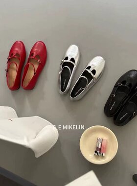 TLEMIKELIN法式复古圆头双扣带玛丽珍鞋少女银色内增高芭蕾舞单鞋