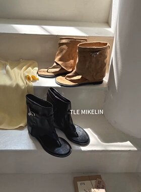 TLE MIKELIN 韩版搭扣夹趾罗马凉靴女2026夏季新款气质坡跟罗马鞋