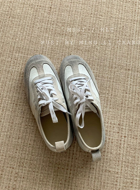 MUSI韩版ins真皮德训鞋小白鞋女2025新款擦色圆头系带休闲运动鞋