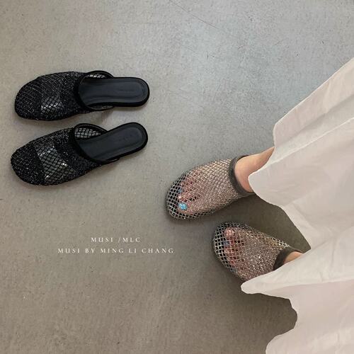 MUSI BY MLC 韩式水钻网面包头一字拖女夏外穿透气平底百搭穆勒鞋