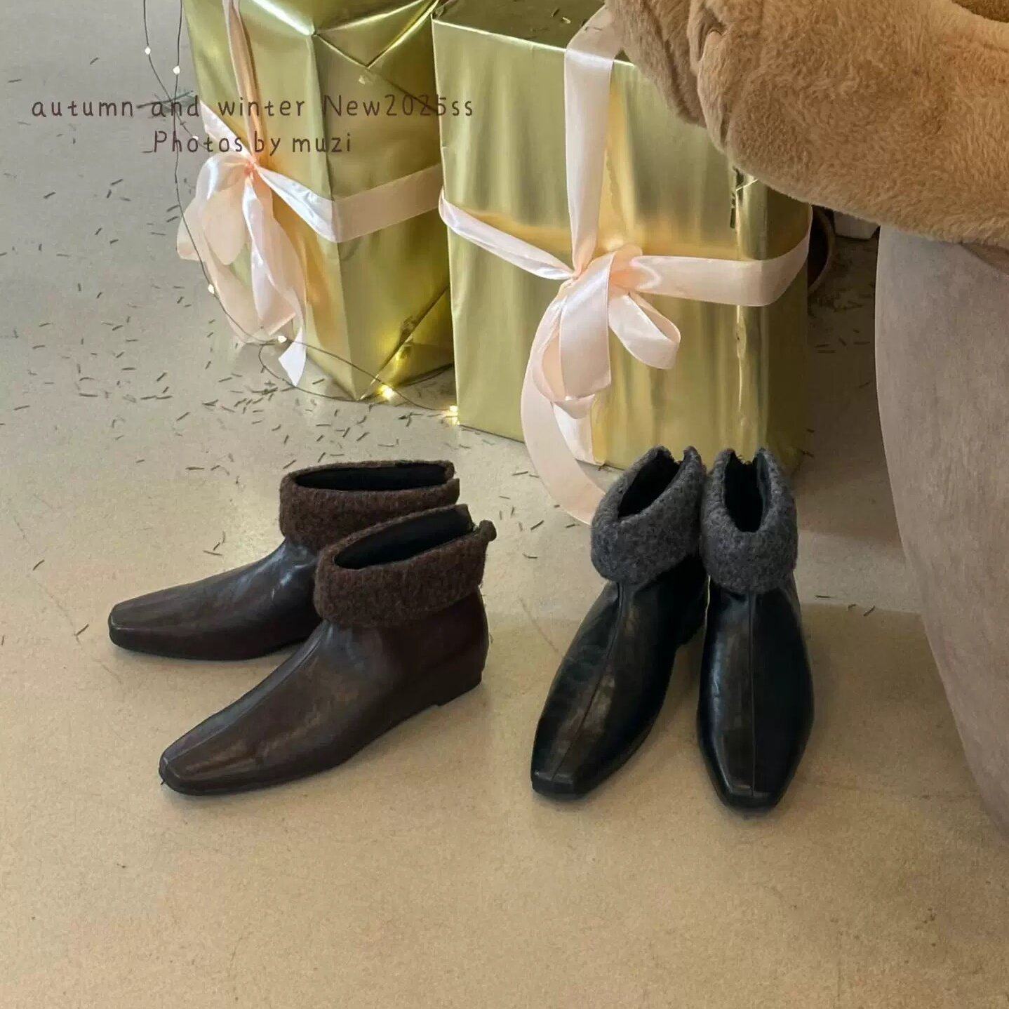 MUZI 韩系羊毛卷小方头短靴2025冬季复古内增高亮皮脚踝靴加绒里,女鞋,时装靴,淘宝优惠券,粉丝福利购,淘宝优惠卷