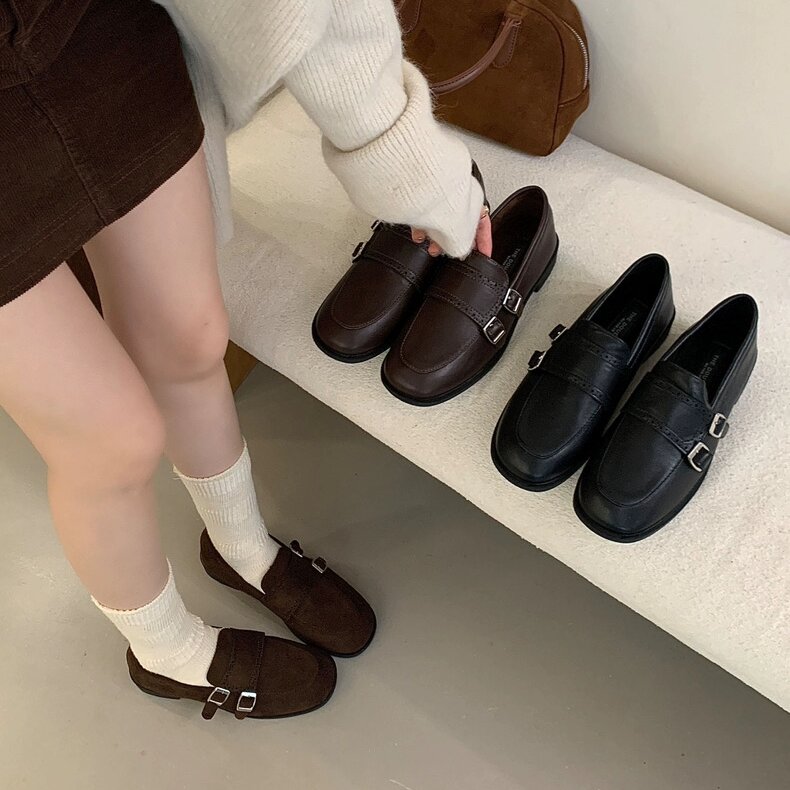 THEDOUDOU 法式复古双扣款乐福鞋女高级感粗跟小皮鞋秋冬加绒单鞋