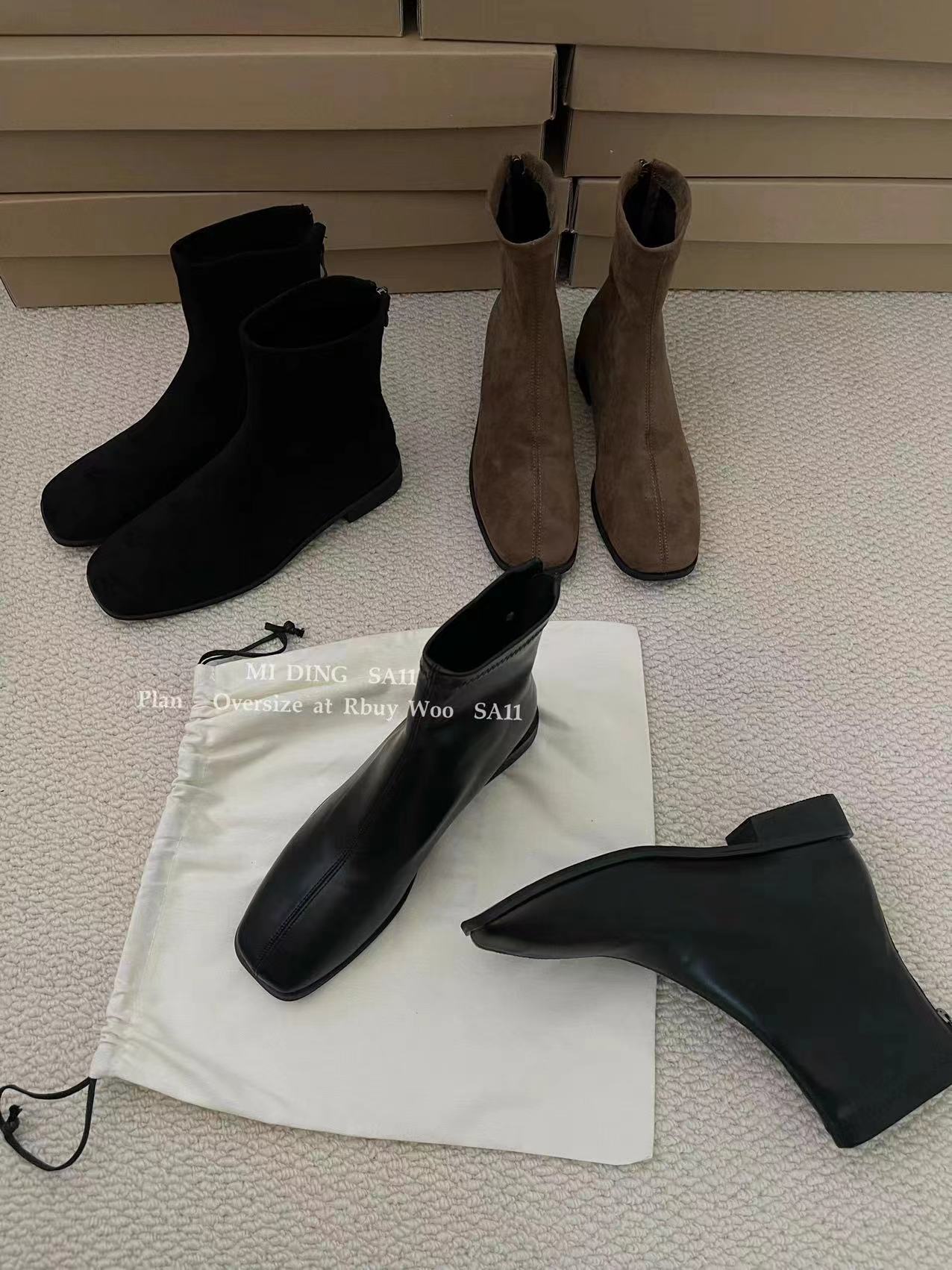 韩版极简百搭短靴复古绒面方头低