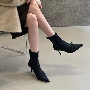 7厘米高跟鞋尖头棕色瘦瘦靴短靴40码女鞋新款秋冬季法式弹力靴子