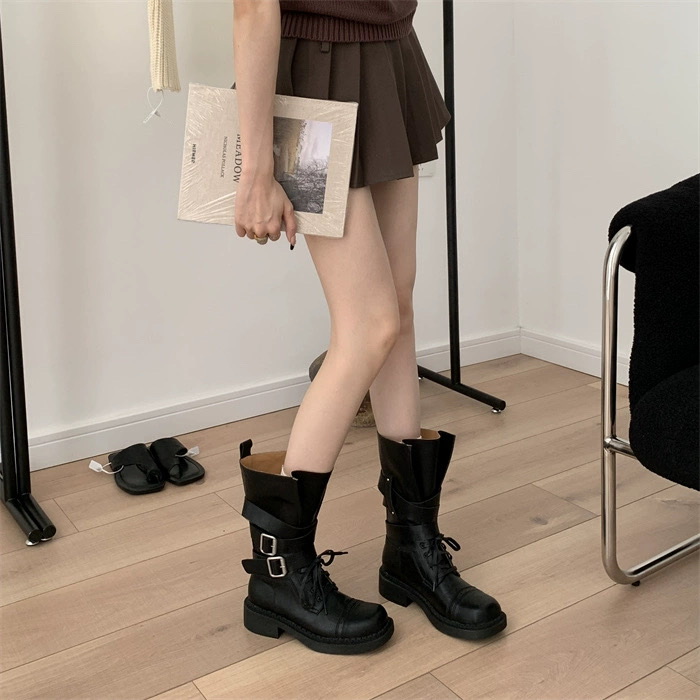 圆头皮带扣粗跟短靴时髦机车靴