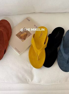 TLEMIKELIN韩系绒面夹趾人字拖鞋女夏休闲度假风高级感凉拖鞋
