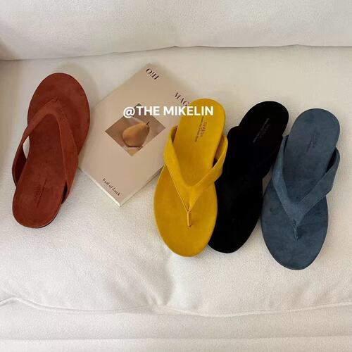 TLEMIKELIN韩系绒面夹趾人字拖鞋女夏休闲度假风高级感凉拖鞋