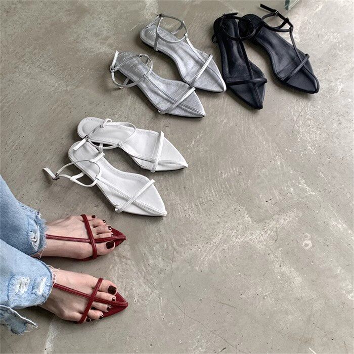 韩国极简尖头十字带平底时装凉鞋