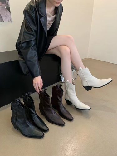 复古尖头粗跟西部牛仔靴春秋单靴