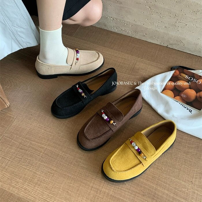JOJOBASEC 复古真皮圆头串珠粗跟乐福单鞋美拉德棕色已经的小皮鞋