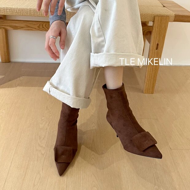 TLE MIKELIN 法式复古尖头瘦瘦靴女2025秋冬新款套筒细跟短筒踝靴