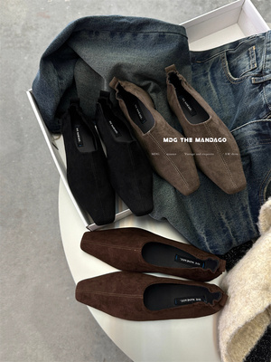 复古美拉德绒面方头低跟单鞋软皮