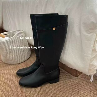 MIGUGU米谷谷韩国博主同款圆头金扣皮带扣粗跟高筒骑士靴显瘦长靴
