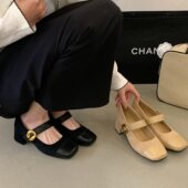 一字带浅口单鞋 SHOE 拼接方头粗跟玛丽珍鞋 女2026年新款 REN 法式