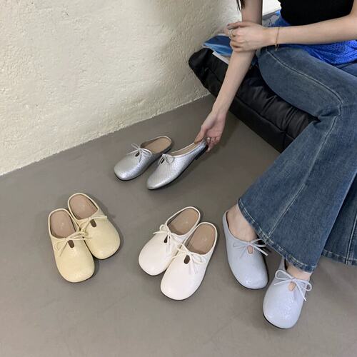 ALILOVER 温柔风圆头系带软底舒适懒人凉拖鞋韩系简约包头半拖鞋