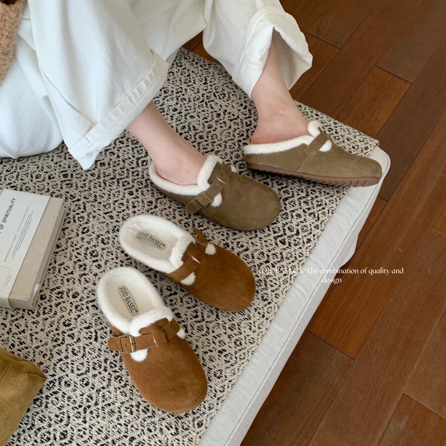 JOJOBASEC真皮拼色包头拖女2025新款冬外穿一脚蹬厚底毛毛鞋