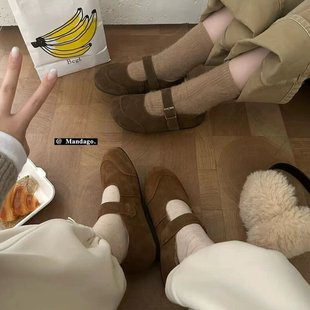 THEMANDAGO芒大果 复古玛丽珍真皮加绒单鞋圆头皮带扣保暖豆豆鞋