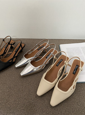 法式气质黑色高跟包头凉鞋仙女鞋子2023新款夏季小众尖头银色单鞋