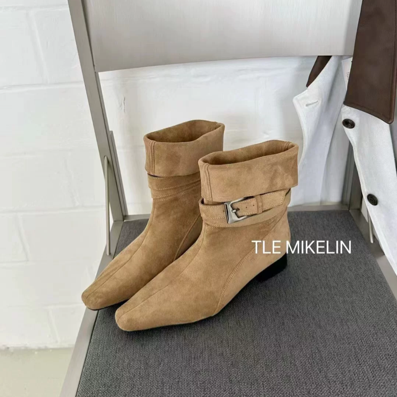 MIKELIN 高级感羊京绒方头皮带扣瘦瘦靴韩系设计感通勤百搭短靴女