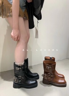 气少女网红款 CHIc 元 ： 西部牛仔皮带扣短靴马丁靴 2023Autumm