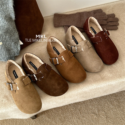 韩版真皮加绒羊羔毛勃肯鞋懒人