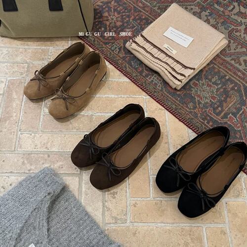 MIGUGU米谷谷 2026秋新款复古绒面蝴蝶结芭蕾单鞋软底浅口豆豆鞋