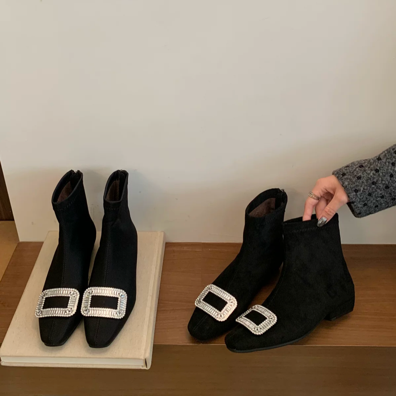 UNIDSN法式气质水钻方扣粗跟短靴女秋冬新款名媛风显瘦百搭及裸靴