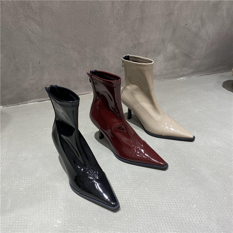 弹力瘦瘦靴黑色漆皮亮皮高跟靴