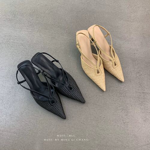 MUSI BY MLC 韩式尖头细跟包头拖鞋女夏季镂空系带防滑百搭凉拖鞋