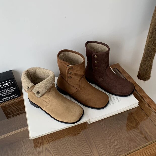BULVJI法式复古麂皮翻折两穿短靴女秋冬加绒保暖粗跟西部牛仔靴