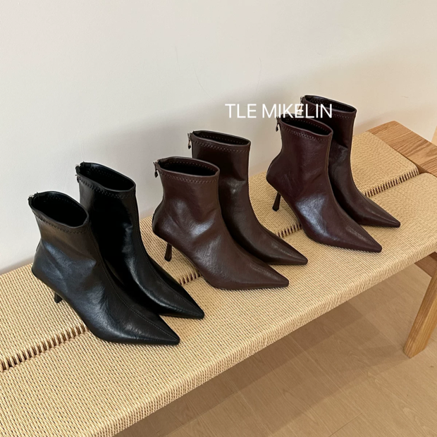 TLE MIKELIN 法式气质短筒后拉链瘦瘦靴女2025年秋冬新款细跟踝靴