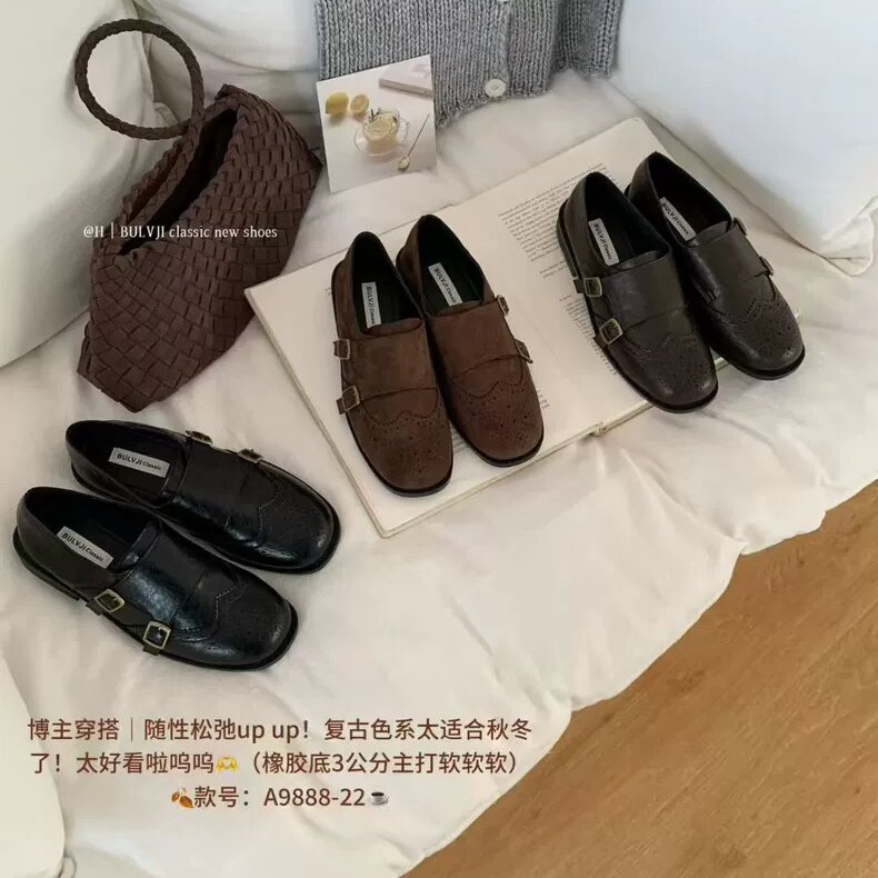 BULVJI复古雕花皮带扣粗跟乐福单鞋学院风方头通勤百搭小皮鞋女